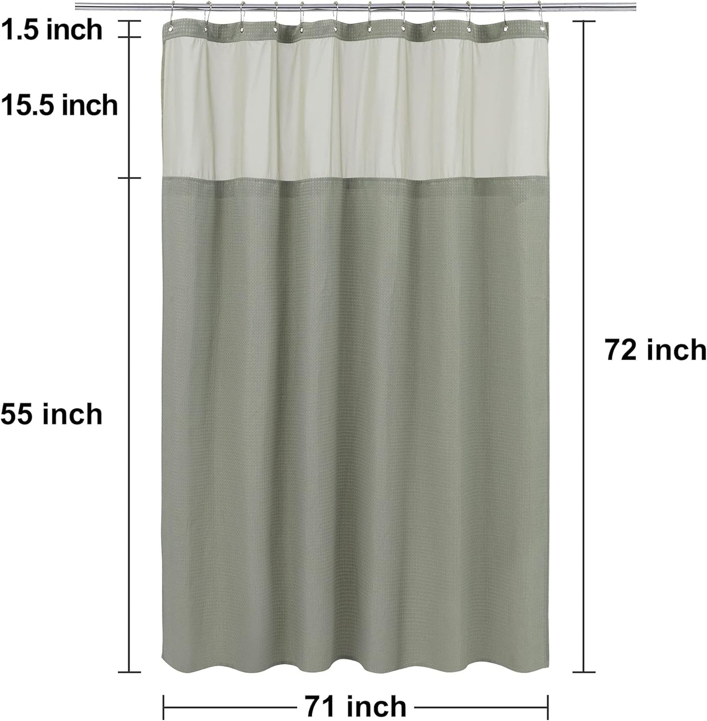 Waffle Weave Shower Curtain with Snap-In Fabric Liner & Hooks Set - Hotel Style, Waterproof & Washable, Heavyweight Fabric & Mesh Top Window - 71X72, Sage Green