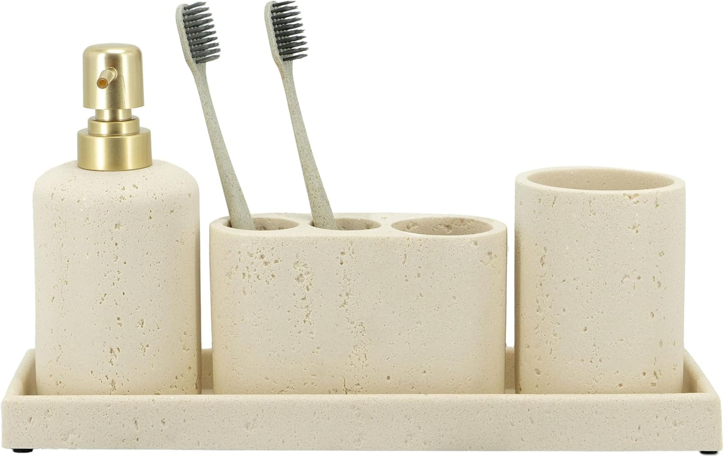 - Black Bathroom Accessories Set 4 Pcs - Toothbrush Holder, Soap Dispenser, Vanity Tray, Bathroom Tumbler - Countertop Vanity Organizer - Bathroom Accessory Set- Toothbrush Holder Set, Stone Sets