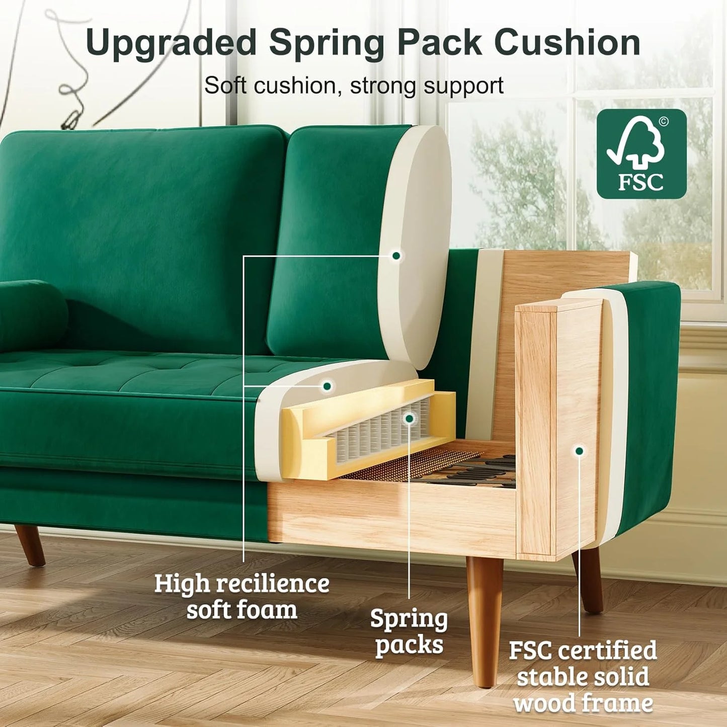 59" Velvet Spring Sofa Couch for Living Room, Office, Small Space, Solid Wood Leg, One Box, Green