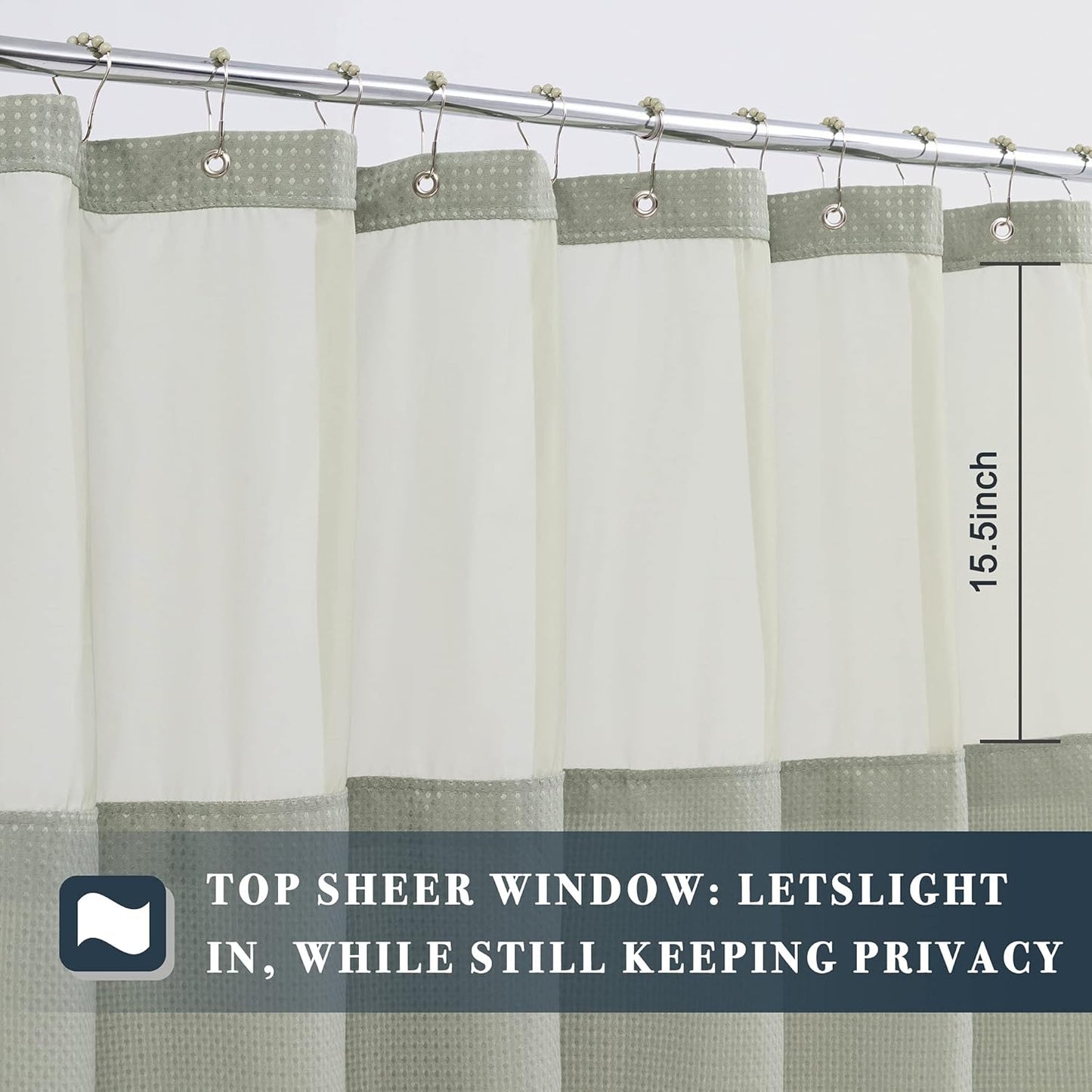 Waffle Weave Shower Curtain with Snap-In Fabric Liner & Hooks Set - Hotel Style, Waterproof & Washable, Heavyweight Fabric & Mesh Top Window - 71X72, Sage Green