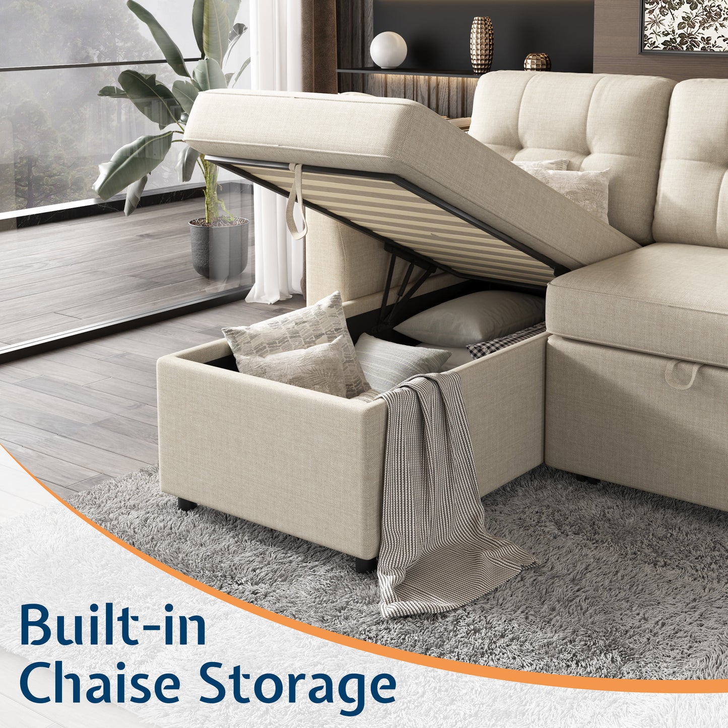Sectional Sofa with Storage and Soft Seat, Reversible Chaise, Pull Out Bed for Living Room, Beige