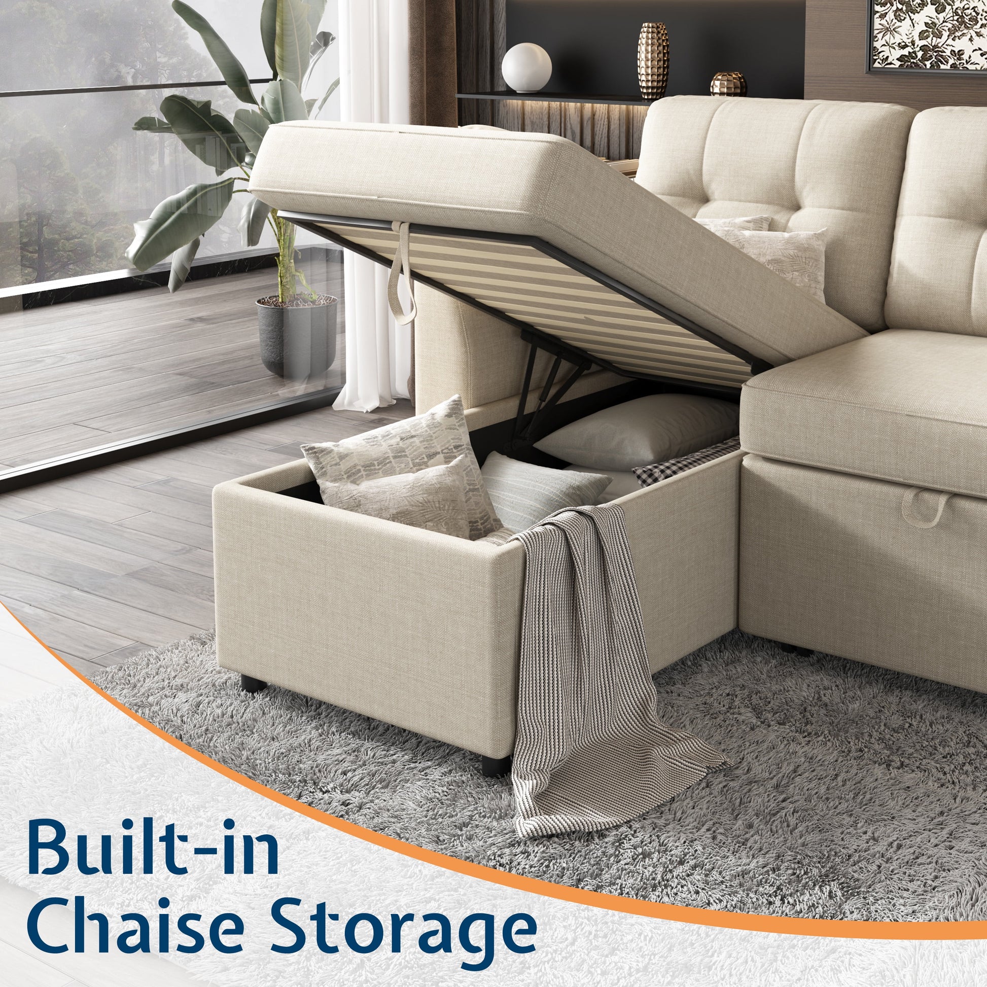 Sectional Sofa with Storage and Soft Seat, Reversible Chaise, Pull Out Bed for Living Room, Beige