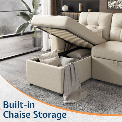 Sectional Sofa with Storage and Soft Seat, Reversible Chaise, Pull Out Bed for Living Room, Beige