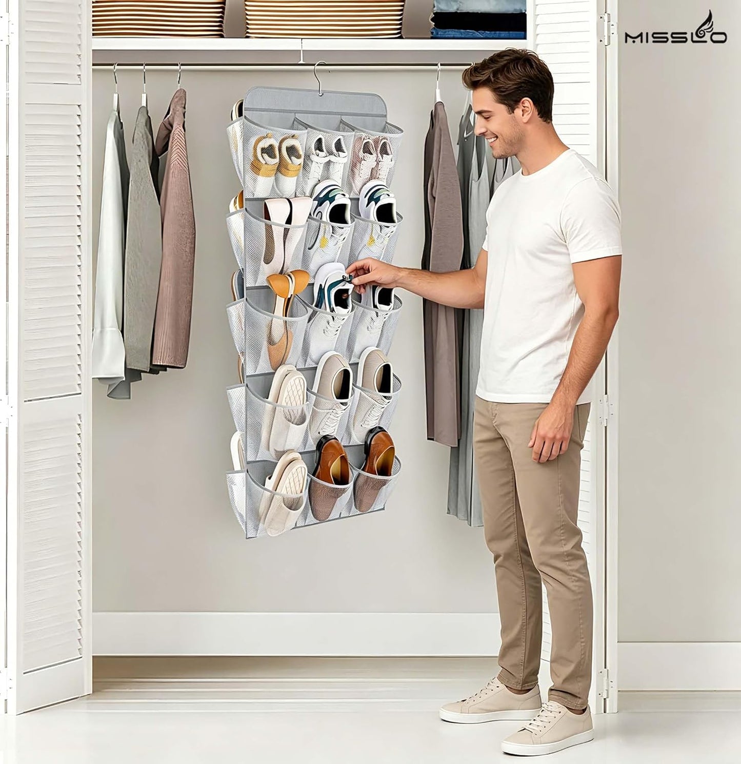 30 Large Pockets Dual Sided Hanging Shoe Organizer for Closet with Rotating Hanger Hanging Shoe Shelves, Grey
