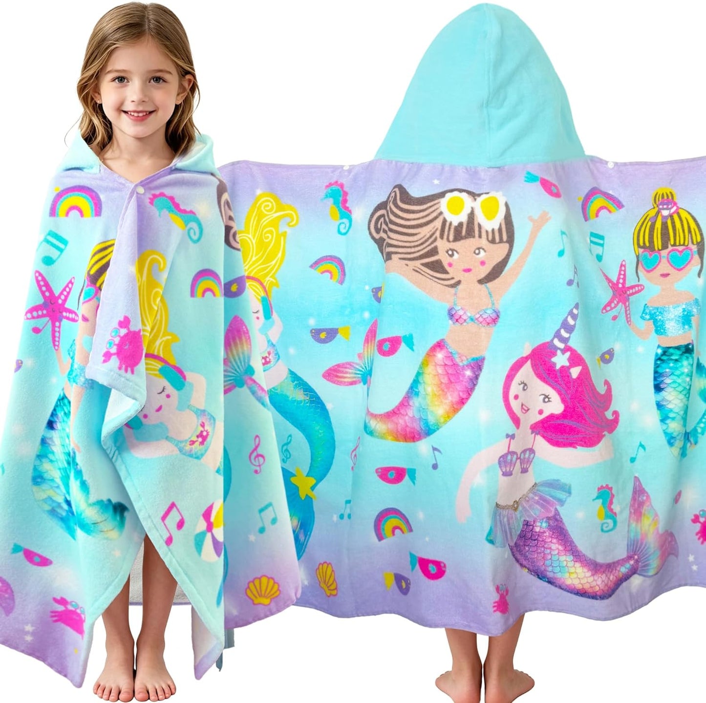 Kids Hooded Beach Towel Age 3-8, 30''X50,Soft | Thick | Large | 100% Cotton,Absorbent Beach, Bath, Pool Towels Wrap for Girls, Sea Mermaid