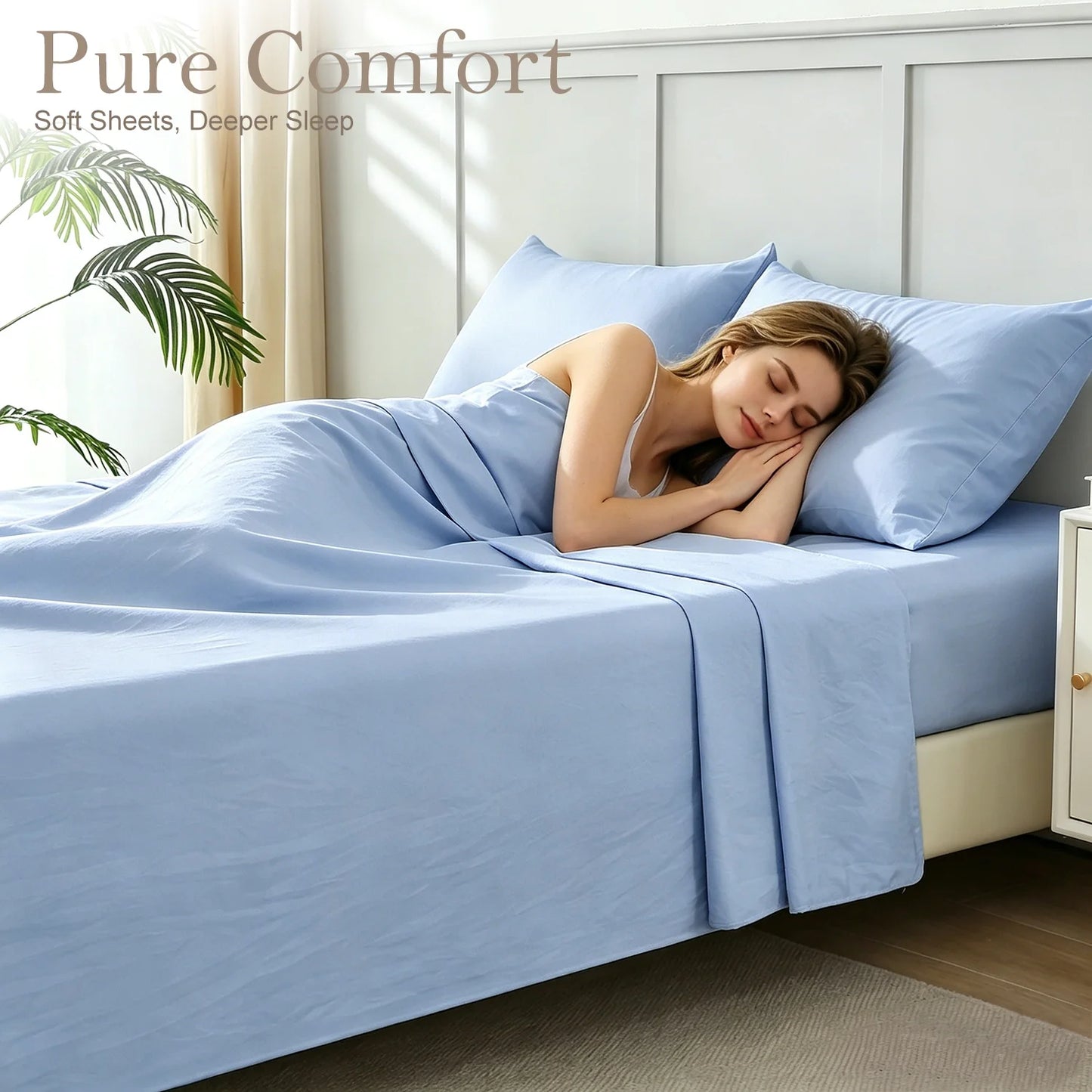 Bed Sheets Set 4 Piece Queen/Full Sheet Set Light Blue Microfiber Fitted Sheet, Flat Sheet & 2 Pillowcases Bedding Set
