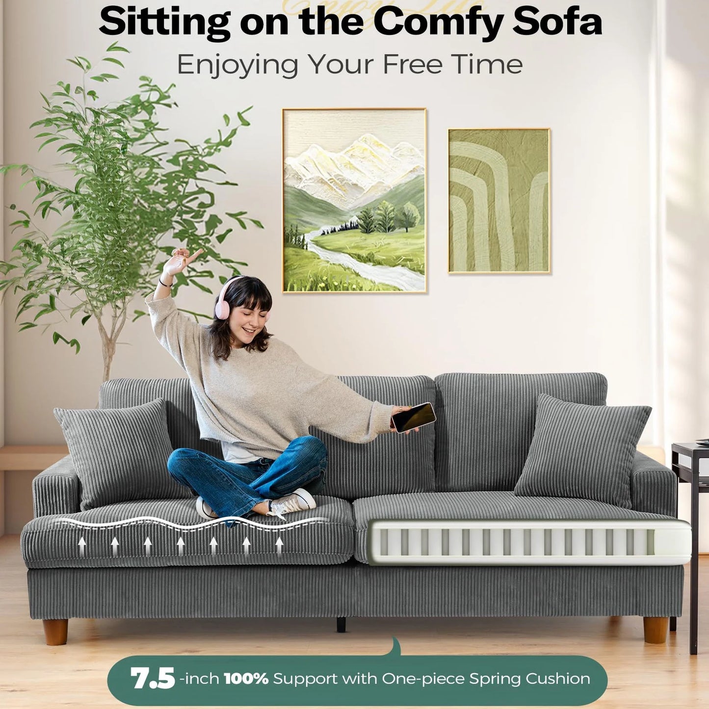 87" Corduroy Sofa,3 Seater Sofa Extra Deep Seats, Comfy Upholstered Couch for Living Room,2 Pillows,Gray