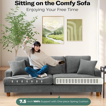 87" Corduroy Sofa,3 Seater Sofa Extra Deep Seats, Comfy Upholstered Couch for Living Room,2 Pillows,Gray