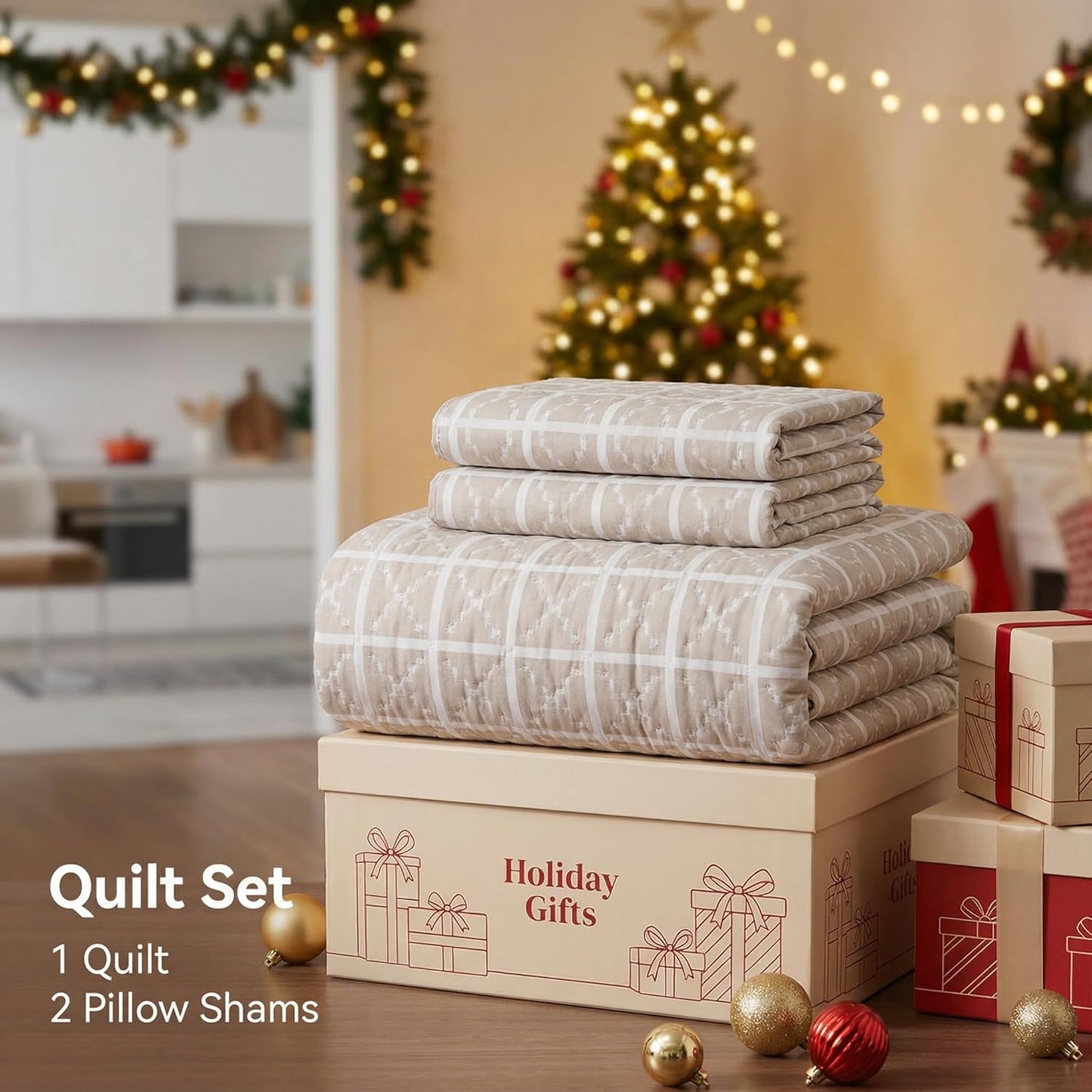 Beige King Size Quilt Set, Oversized Lightweight Textured Bedspread Coverlet with 2 Pillow Shams, Soft Box Stitch Cross Stitch Quilt for All Season Comfort, Tan Beige Bedding, 100"X92"
