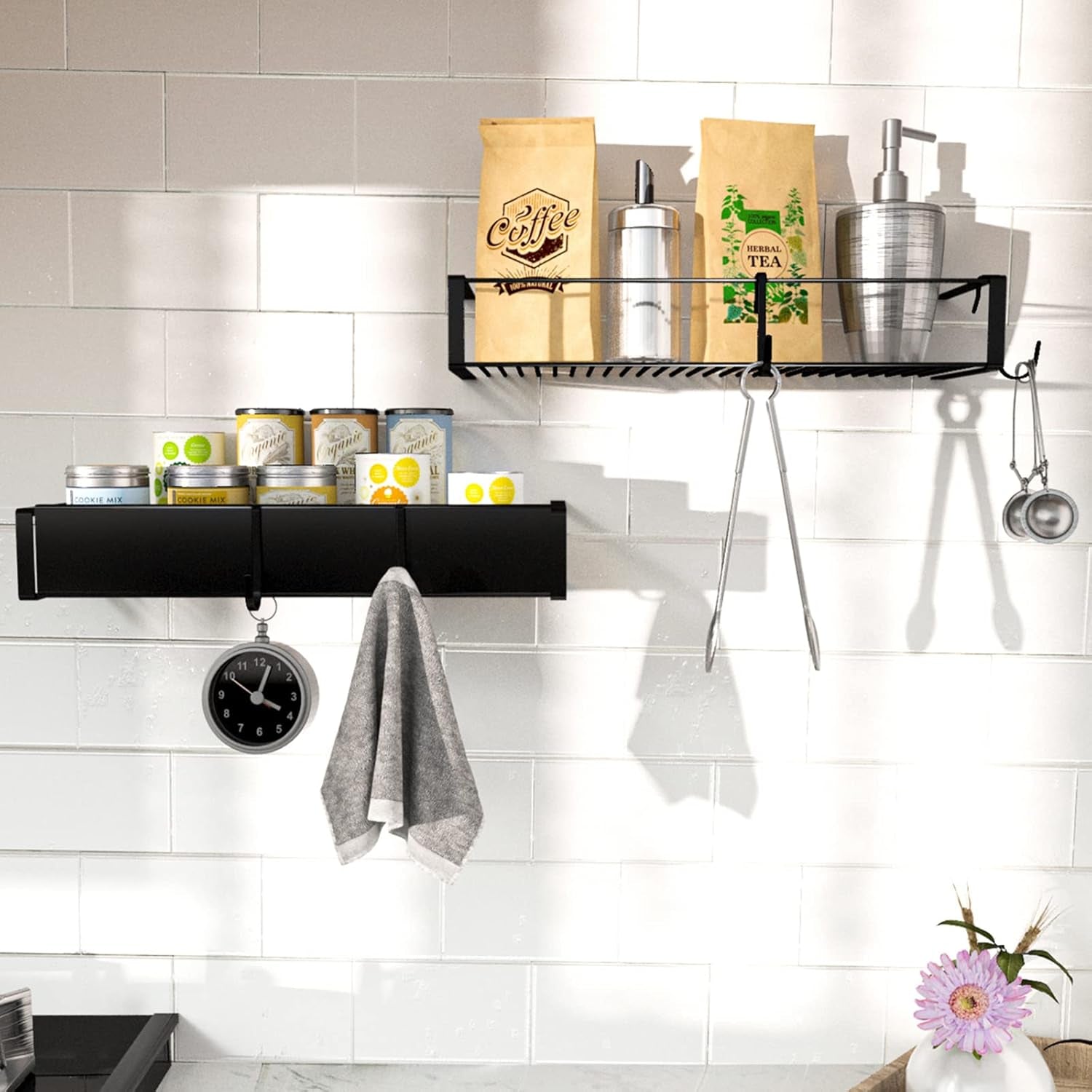Shower Caddy, Adhesive Shower Organizer with Hooks, Shower Shelves for inside Shower, No Drilling Shower Rack Holder, Shower Storage for Bathroom, Kitchen Spice Rack-2 Pack Black