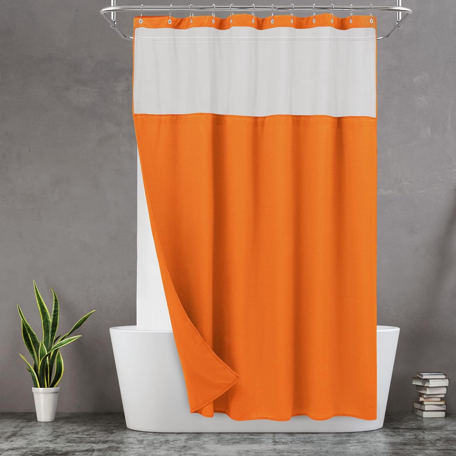 Waffle Weave Shower Curtain with Snap-In Fabric Liner & Hooks Set - Hotel Style, Waterproof & Washable, Heavyweight Fabric & Mesh Top Window - 71X72, Sage Green