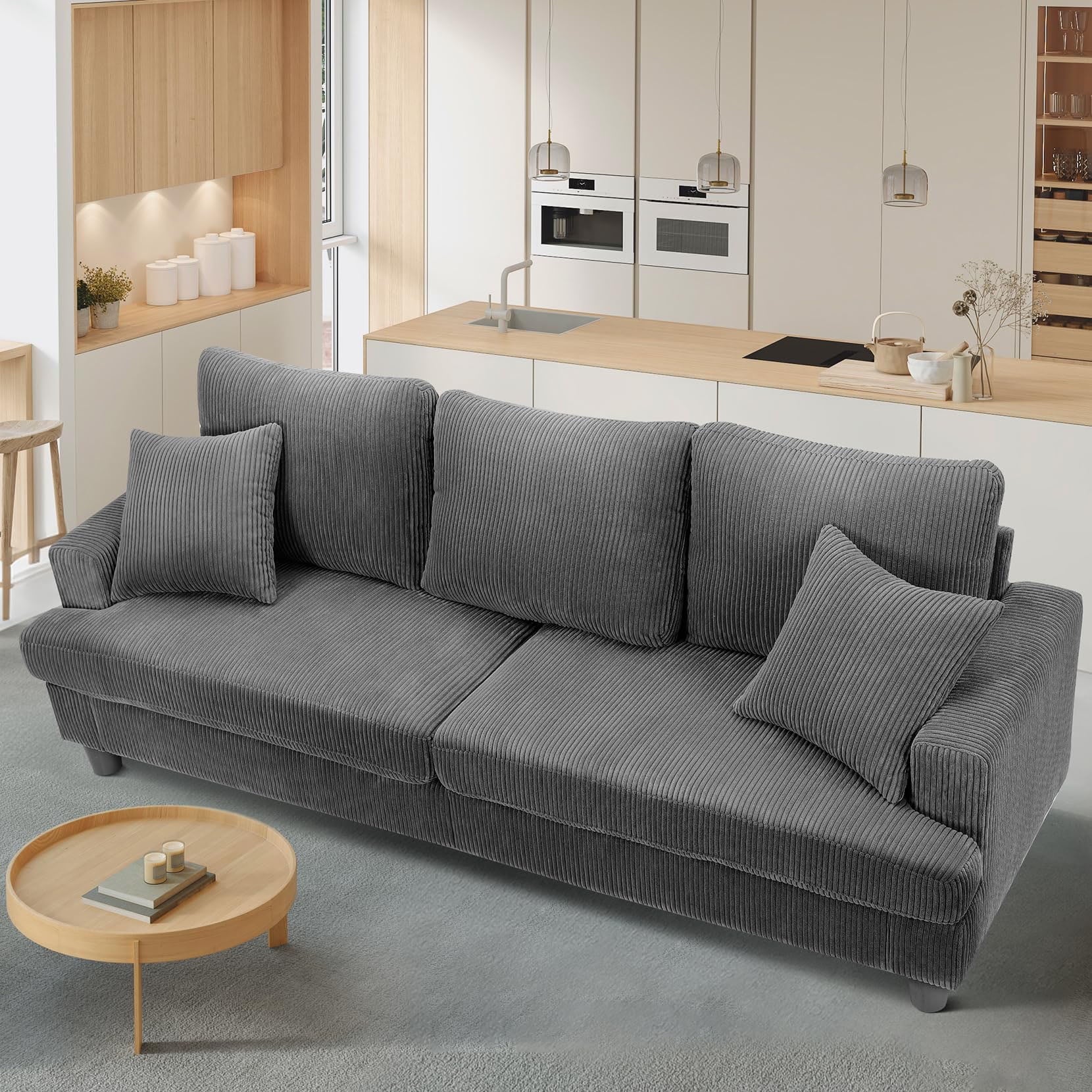 87" Corduroy Sofa,3 Seater Sofa Extra Deep Seats, Comfy Upholstered Couch for Living Room,2 Pillows,Gray