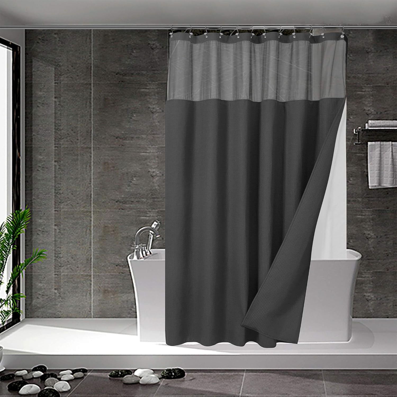 Waffle Weave Shower Curtain with Snap-In Fabric Liner & Hooks Set - Hotel Style, Waterproof & Washable, Heavyweight Fabric & Mesh Top Window - 71X72, Sage Green