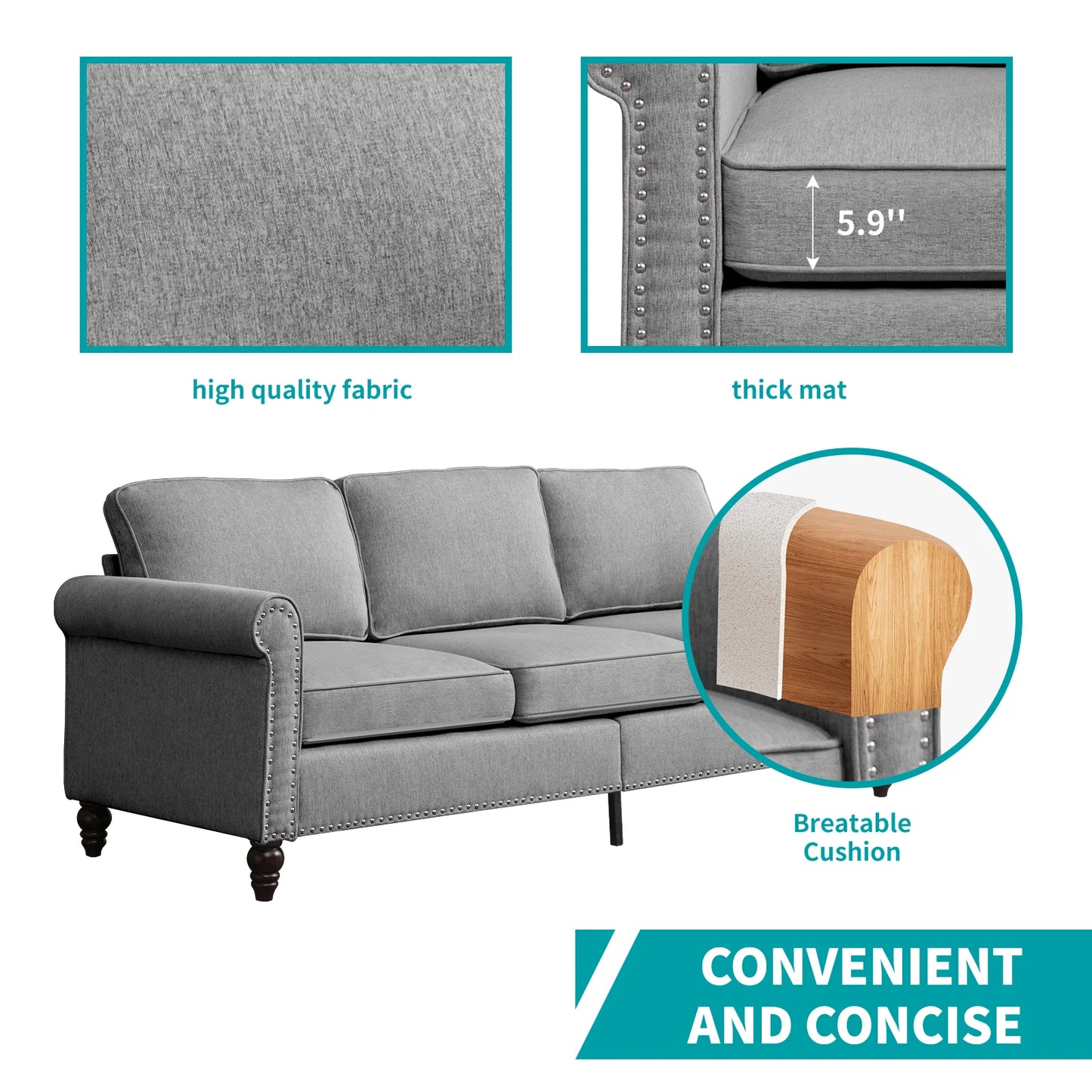 Living Room Furniture Sets with 5.9"Upholstered Cushion, 3-Seater Sofa Couch and Loveseat, Sofa Set for Living Room(Light Grey)