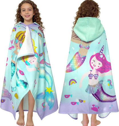 Kids Hooded Beach Towel Age 3-8, 30''X50,Soft | Thick | Large | 100% Cotton,Absorbent Beach, Bath, Pool Towels Wrap for Girls, Sea Mermaid