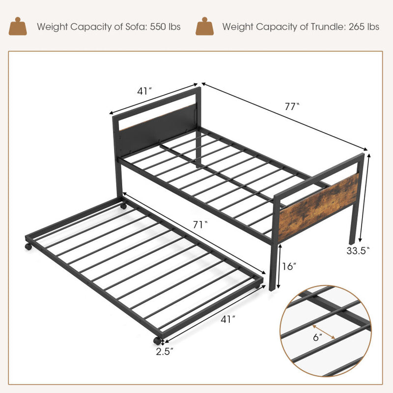 Twin Metal Daybed with Trundle Lockable Wheels