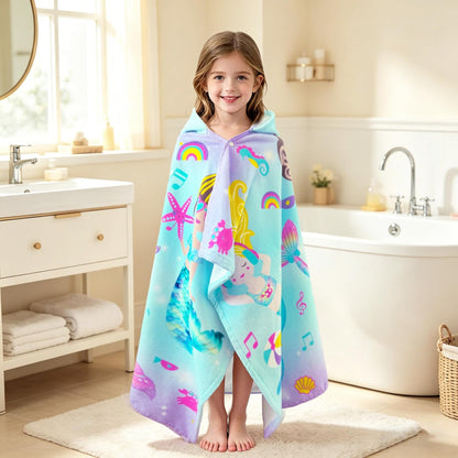 Kids Hooded Beach Towel Age 3-8, 30''X50,Soft | Thick | Large | 100% Cotton,Absorbent Beach, Bath, Pool Towels Wrap for Girls, Sea Mermaid