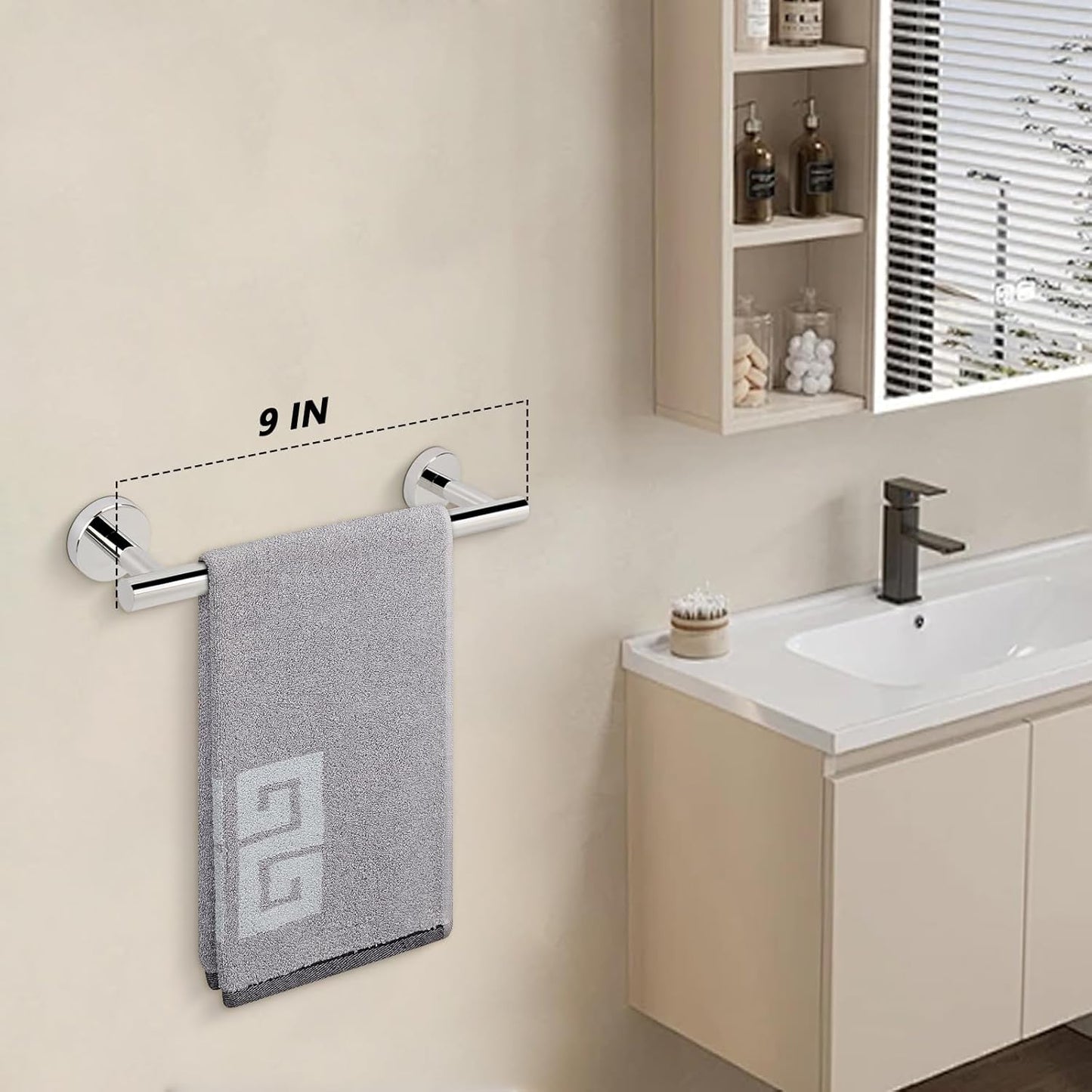 Bath Towel Bar, Thicken Stainless Steel Shower Towel Rack Holder Wall Mounted for Bathroom, 9-Lnch Overall Length-7-Lnch Usable Hanging Space (1 Pack, Chrome Finish)