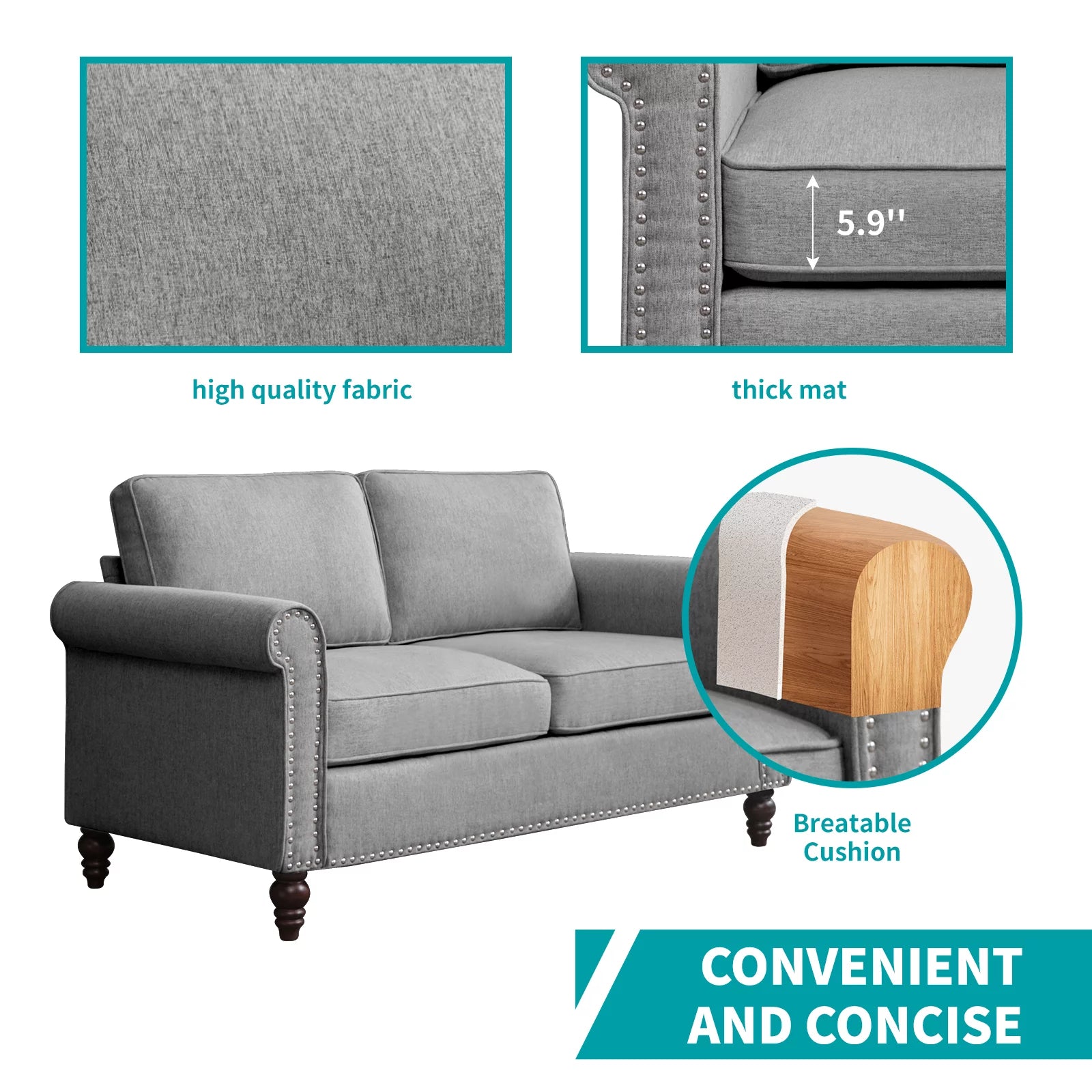 Living Room Furniture Sets with 5.9"Upholstered Cushion, 3-Seater Sofa Couch and Loveseat, Sofa Set for Living Room(Light Grey)