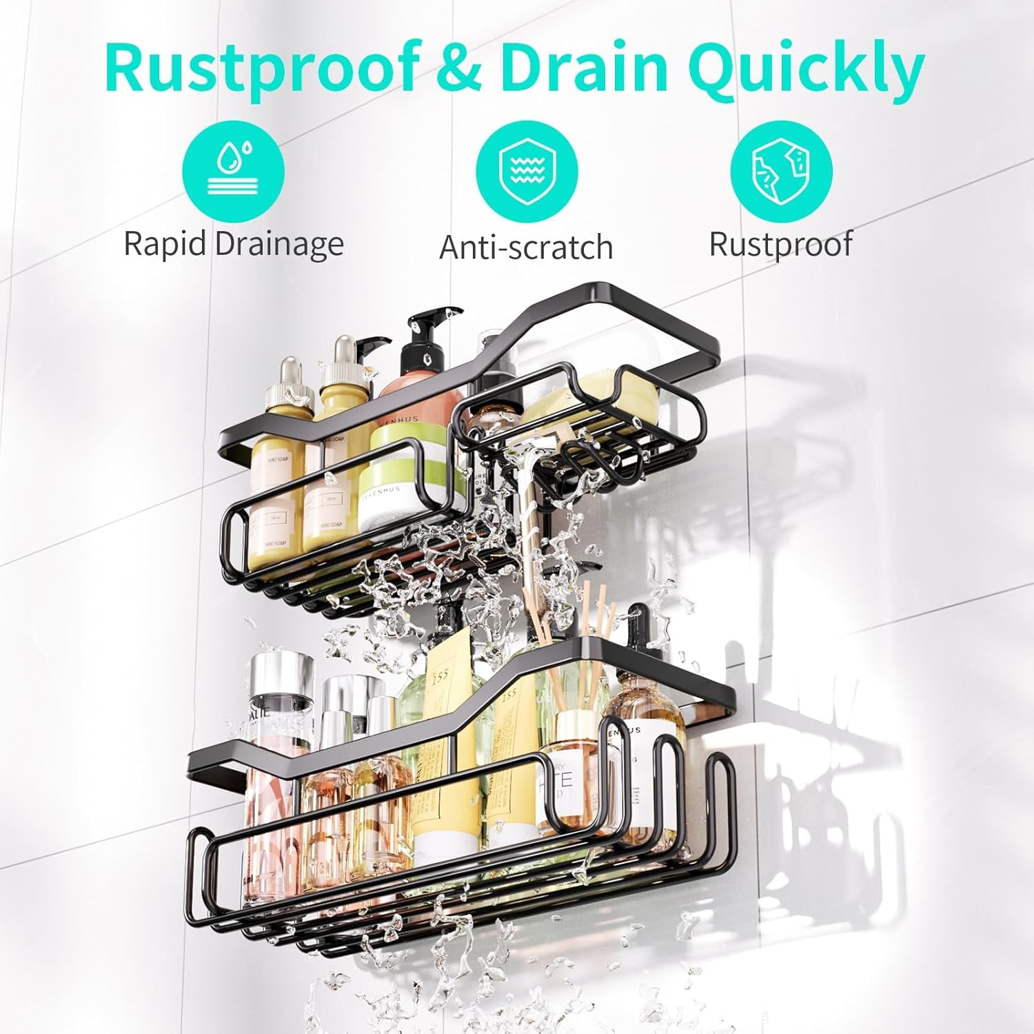 Storage Shower Shelves, Shower Caddy Organiser with 11 Hooks, Shelf with Razor Holder,Soap Dish,Towel Hook Bathroom Accessories Black,3 Sticker,2 Pcs