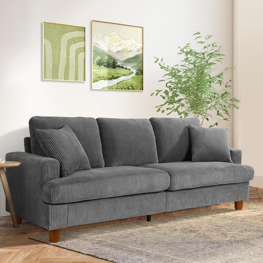 87" Corduroy Sofa,3 Seater Sofa Extra Deep Seats, Comfy Upholstered Couch for Living Room,2 Pillows,Gray