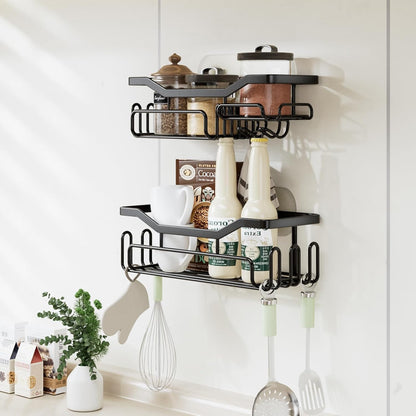 Storage Shower Shelves, Shower Caddy Organiser with 11 Hooks, Shelf with Razor Holder,Soap Dish,Towel Hook Bathroom Accessories Black,3 Sticker,2 Pcs