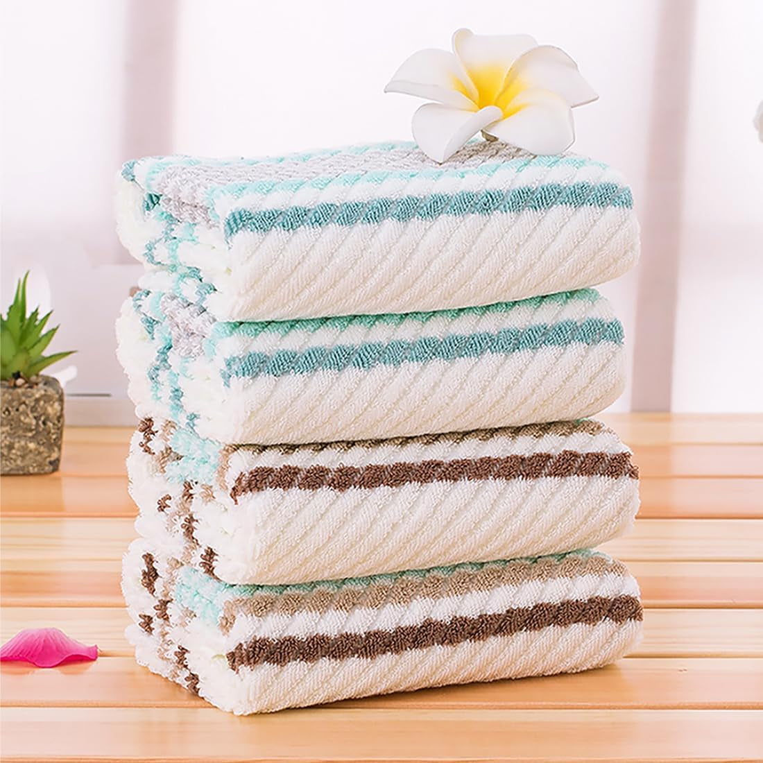 Hand Towels Set of 2 Striped Pattern 100% Cotton Soft Absorbent Decorative Towel for Bathroom (Green)