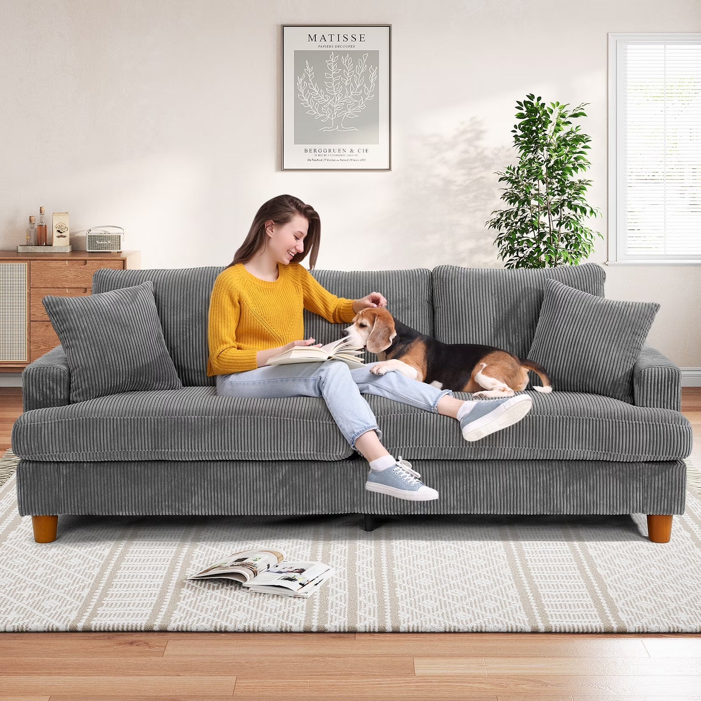 87" Corduroy Sofa,3 Seater Sofa Extra Deep Seats, Comfy Upholstered Couch for Living Room,2 Pillows,Gray