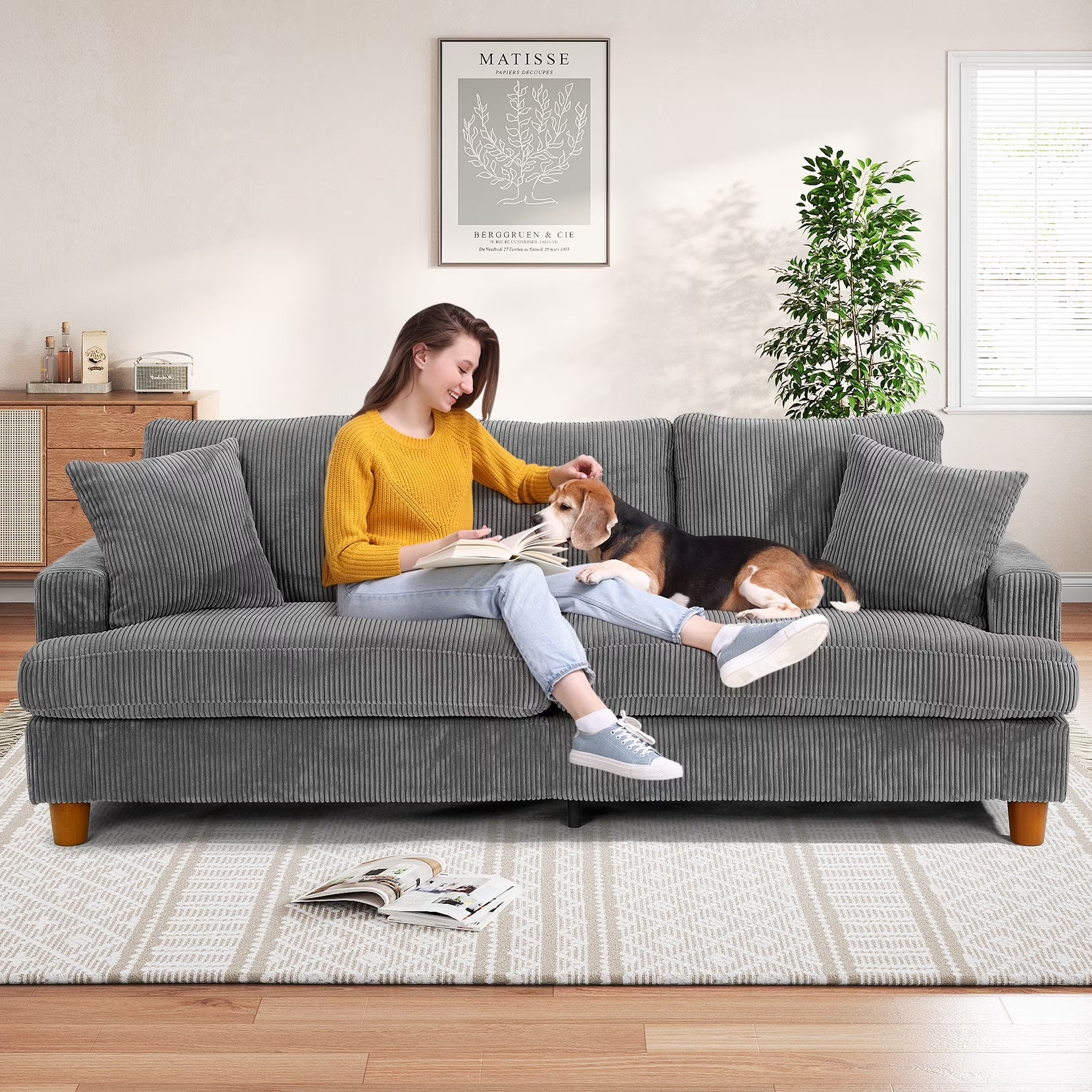 87" Corduroy Sofa,3 Seater Sofa Extra Deep Seats, Comfy Upholstered Couch for Living Room,2 Pillows,Gray