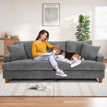 87" Corduroy Sofa,3 Seater Sofa Extra Deep Seats, Comfy Upholstered Couch for Living Room,2 Pillows,Gray