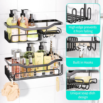 Storage Shower Shelves, Shower Caddy Organiser with 11 Hooks, Shelf with Razor Holder,Soap Dish,Towel Hook Bathroom Accessories Black,3 Sticker,2 Pcs