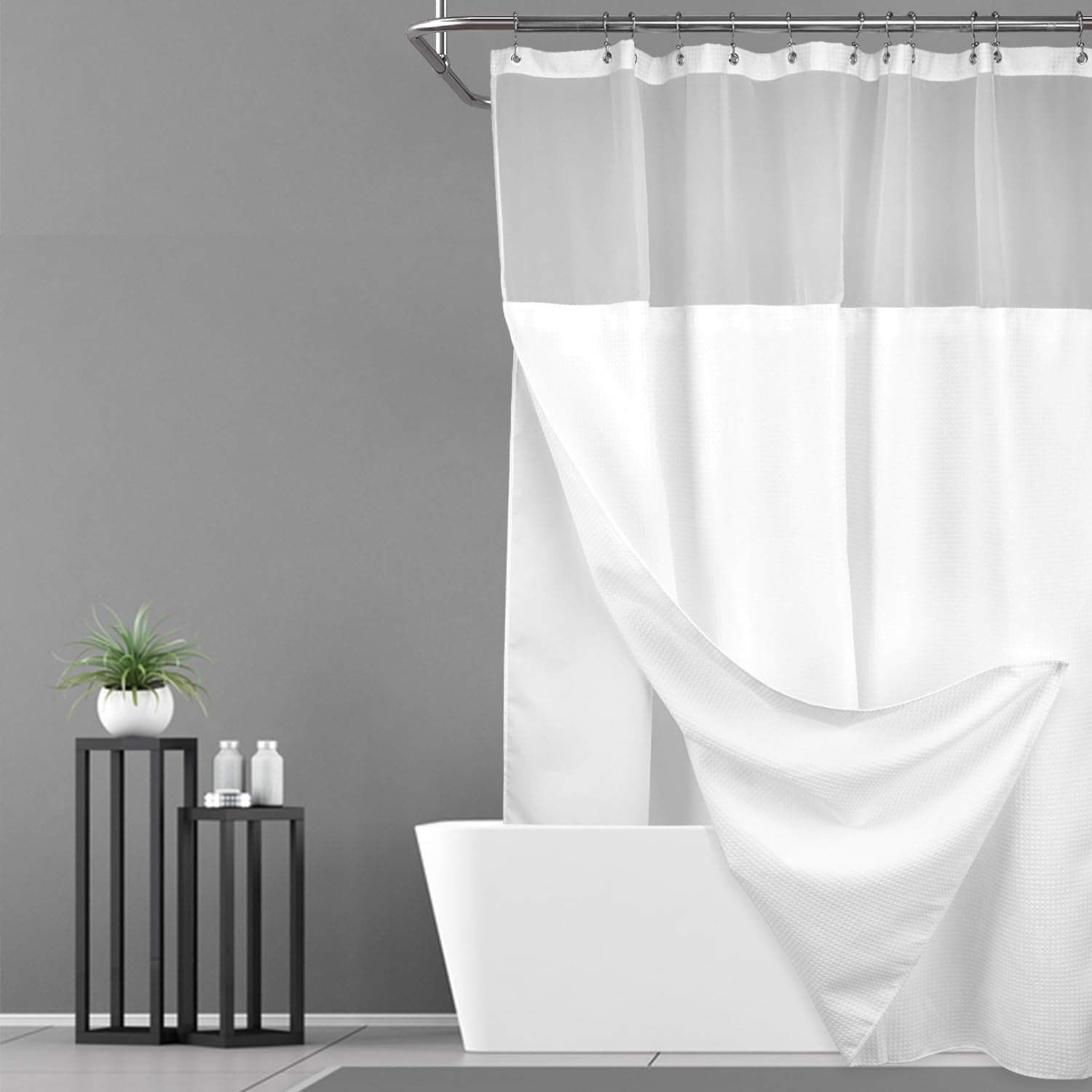 Waffle Weave Shower Curtain with Snap-In Fabric Liner & Hooks Set - Hotel Style, Waterproof & Washable, Heavyweight Fabric & Mesh Top Window - 71X72, Sage Green