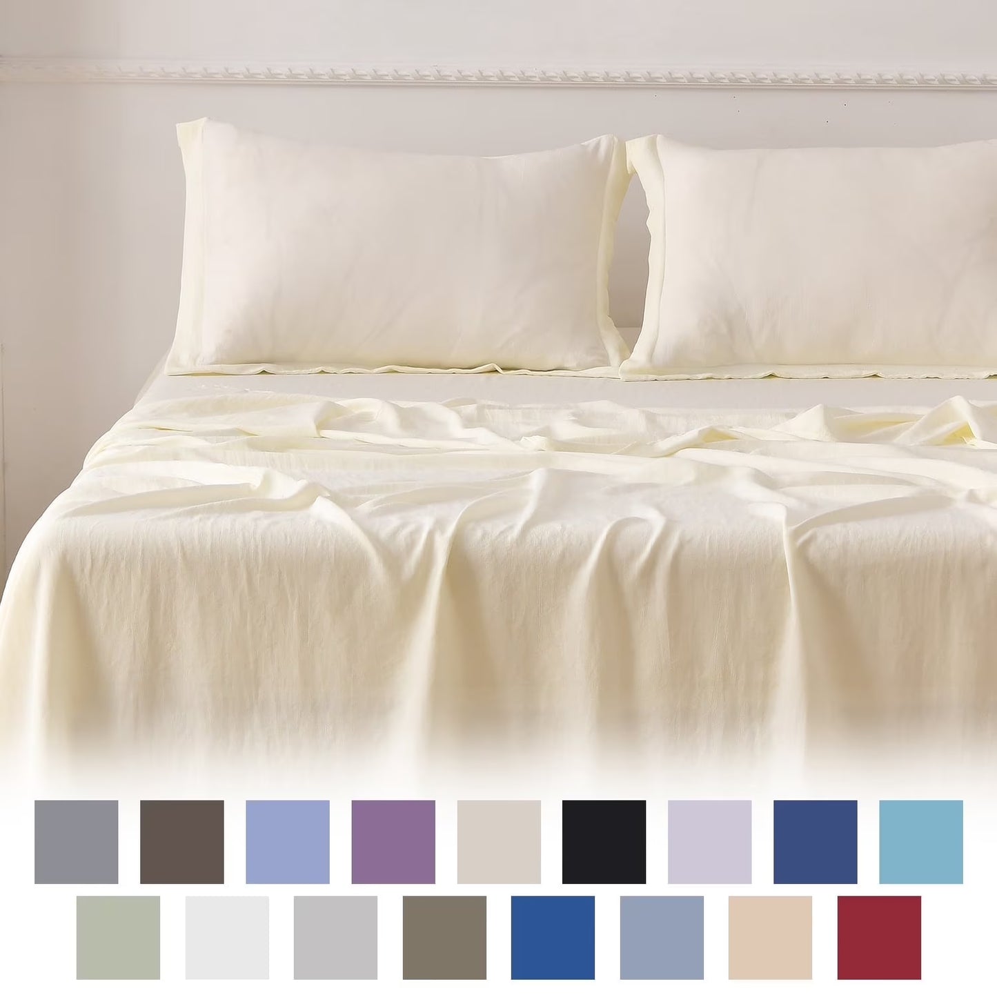 Bed Sheets Set 4 Piece King Sheet Set Cream Cotton Blend Fitted Sheet, Flat Sheet & 2 Pillowcases Bedding Set