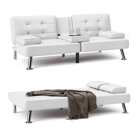 Futon Sofa Bed Faux Leather Couch Modern Convertible Folding Recliner with 2 Cup Holders