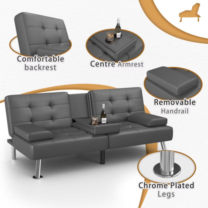 Futon Sofa Bed Faux Leather Couch Modern Convertible Folding Recliner with 2 Cup Holders