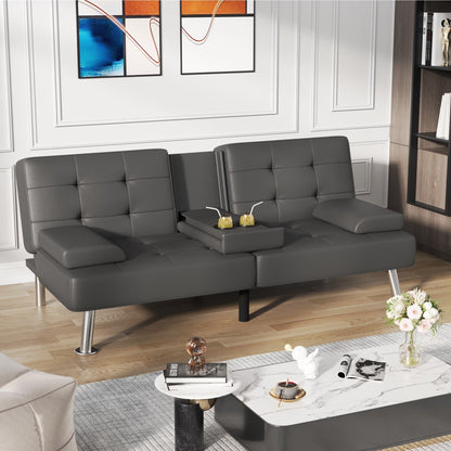 Futon Sofa Bed Faux Leather Couch Modern Convertible Folding Recliner with 2 Cup Holders
