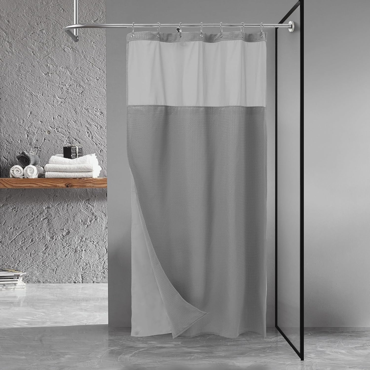 Waffle Weave Shower Curtain with Snap-In Fabric Liner & Hooks Set - Hotel Style, Waterproof & Washable, Heavyweight Fabric & Mesh Top Window - 71X72, Sage Green