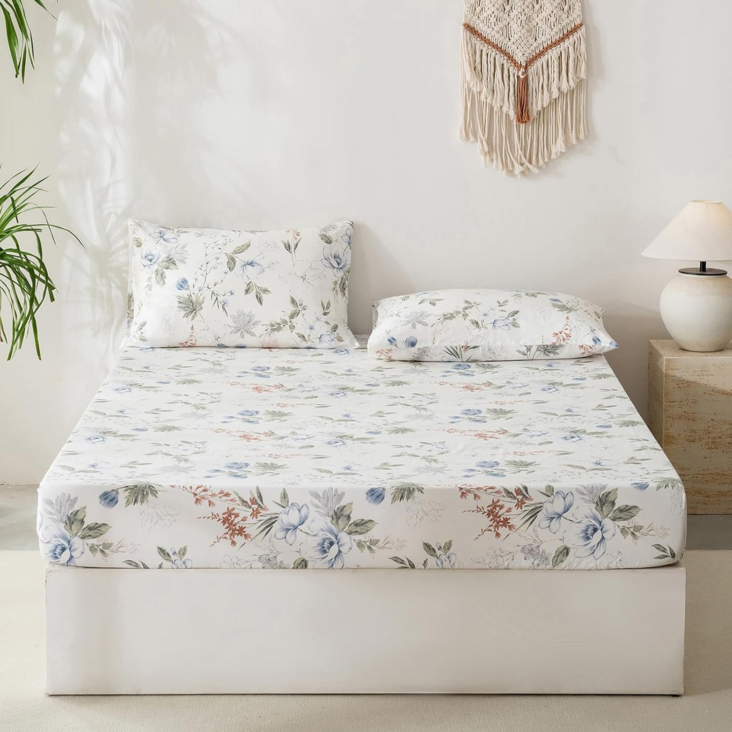 Green Floral Sheet Set 100% Cotton Sheets - Crispy Cooling Percale Sheets for King Size Bed, Breathable & Durable Queen Sheet Set, 3 Pieces All Seasons Sheet Set