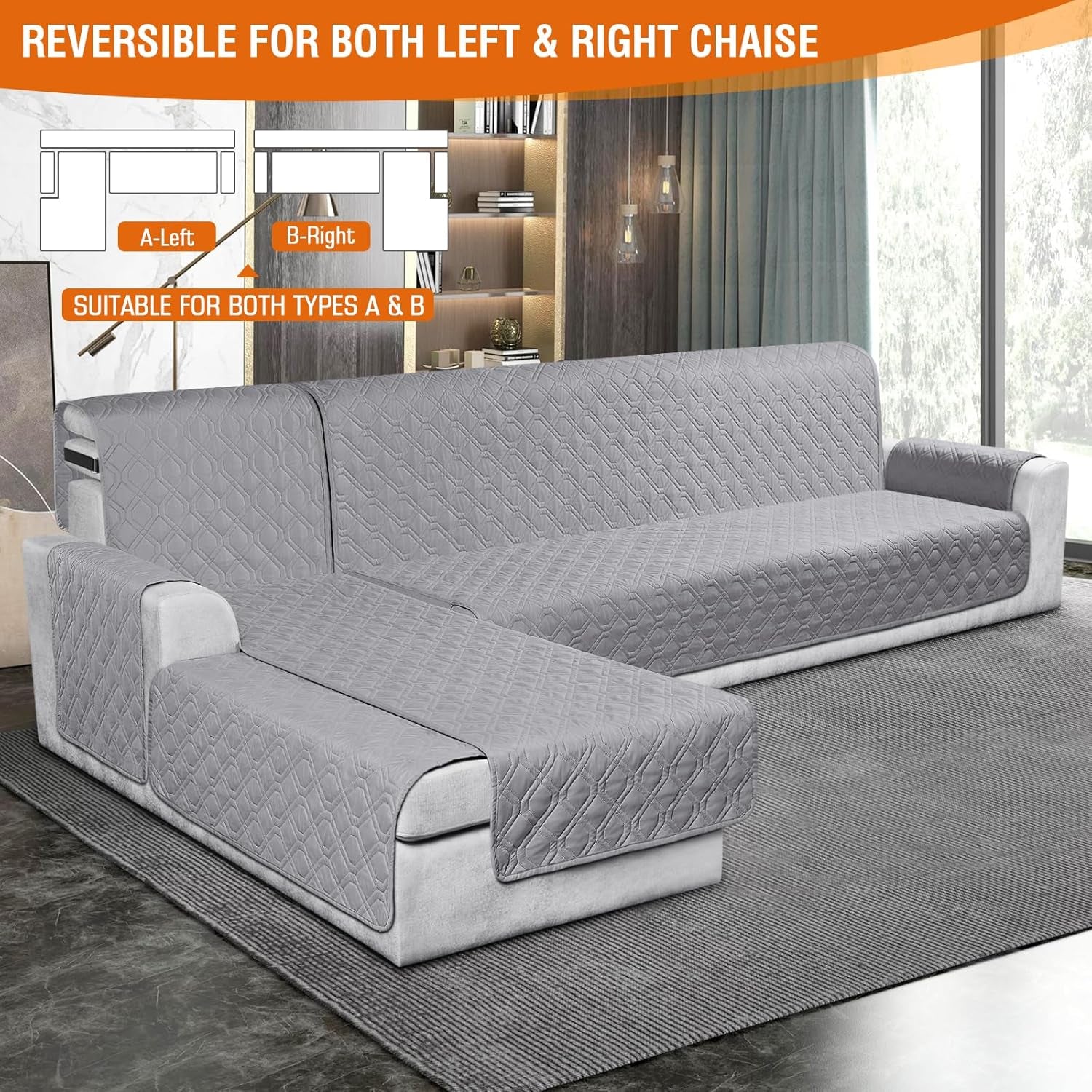 Sectional Couch Covers 100% Waterproof L Shaped Sofa Slipcover 3Pcs Reversible Chaise Lounge Cover for Sectional Sofa Furniture Protector Cover for Pets Cat Dog(X-Large, Light Gray)