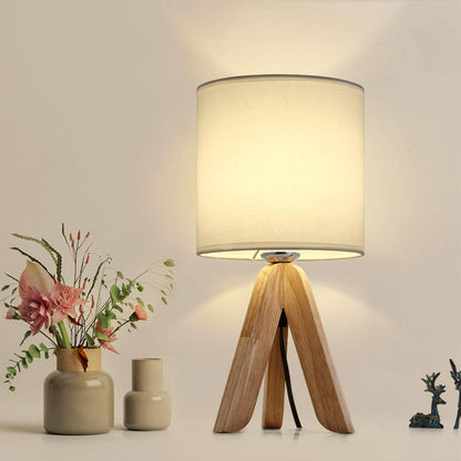 Small Bedside Table Lamp - Wooden Tripod Nightstand Lamp for Bedroom, Living Room, Office, Home with Fabric Linen Shade - 13.4 Inches (Without Bulb)