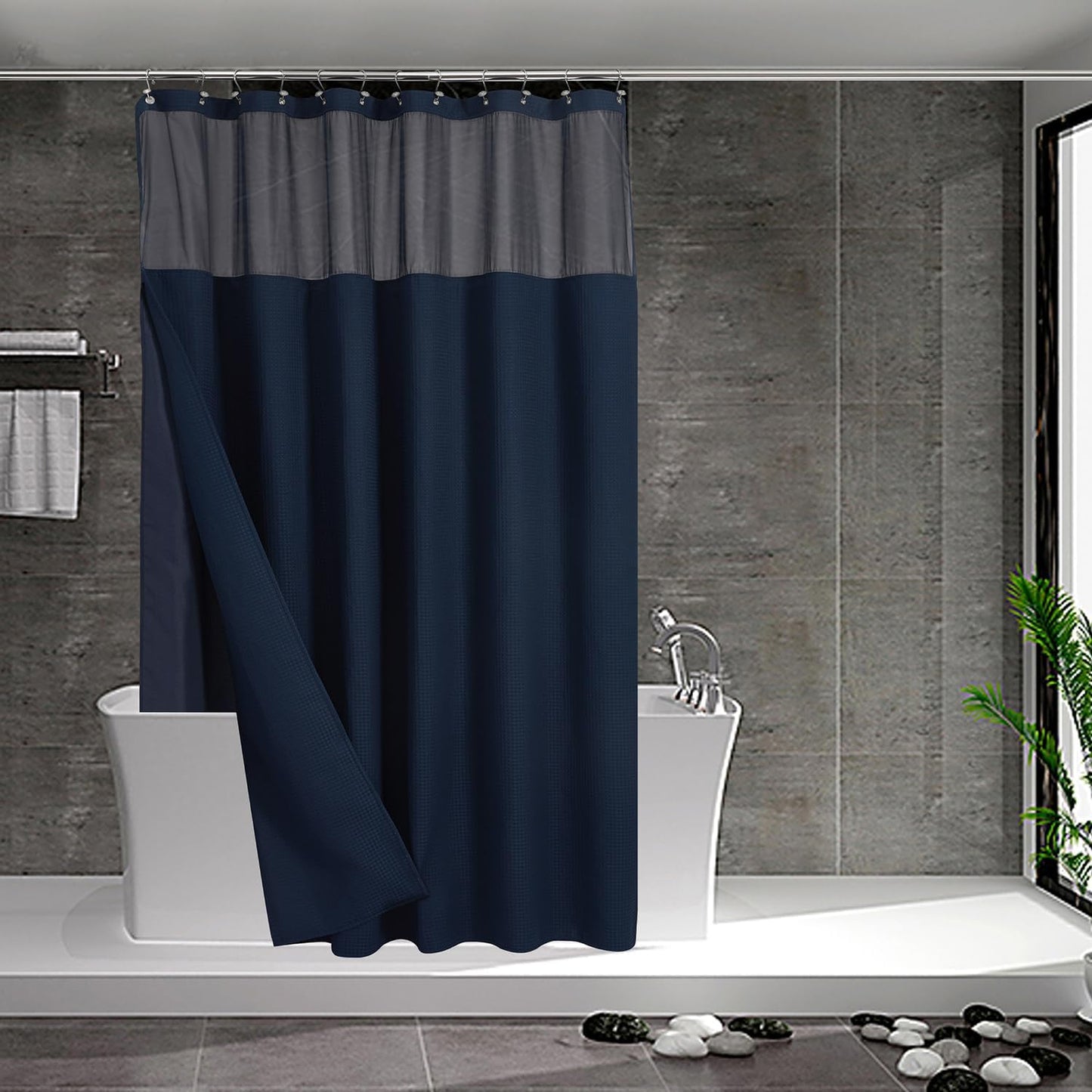 Waffle Weave Shower Curtain with Snap-In Fabric Liner & Hooks Set - Hotel Style, Waterproof & Washable, Heavyweight Fabric & Mesh Top Window - 71X72, Sage Green