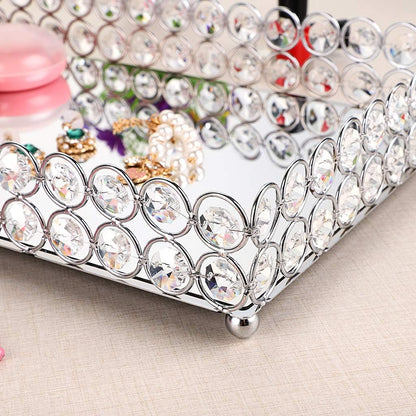 Crystal Cosmetic Vanity Tray, Mirrored Decorative Jewelry Organizer Tray for Perfume, Trinket, Makeup Display Dresser Home Decor (Large, Silver)
