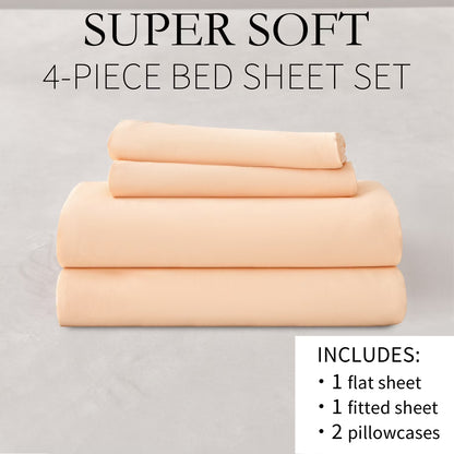 Bed Sheets Set 4 Piece Queen/Full Sheet Set Champagne Microfiber Fitted Sheet, Flat Sheet & 2 Pillowcases Bedding Set