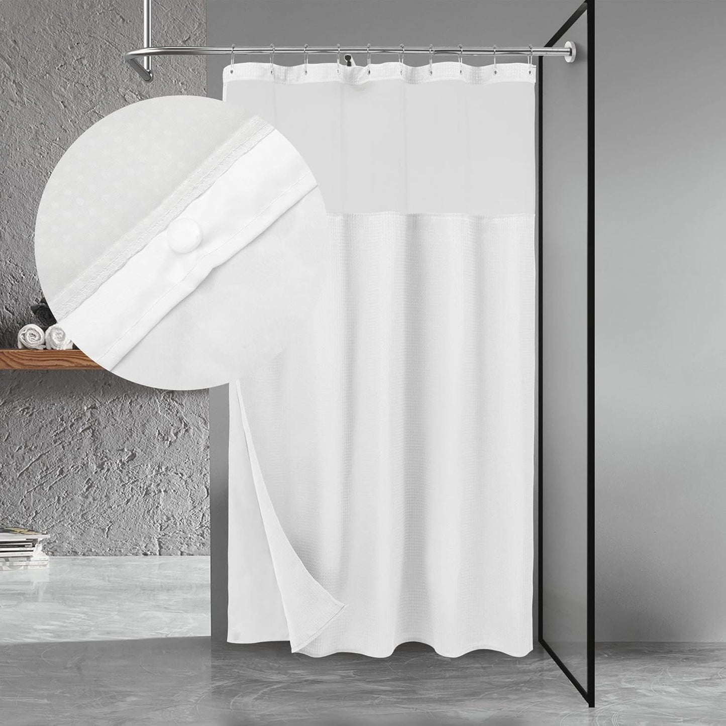 Waffle Weave Shower Curtain with Snap-In Fabric Liner & Hooks Set - Hotel Style, Waterproof & Washable, Heavyweight Fabric & Mesh Top Window - 71X72, Sage Green