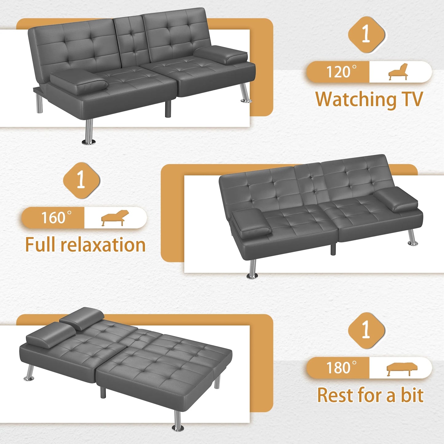 Futon Sofa Bed Faux Leather Couch Modern Convertible Folding Recliner with 2 Cup Holders