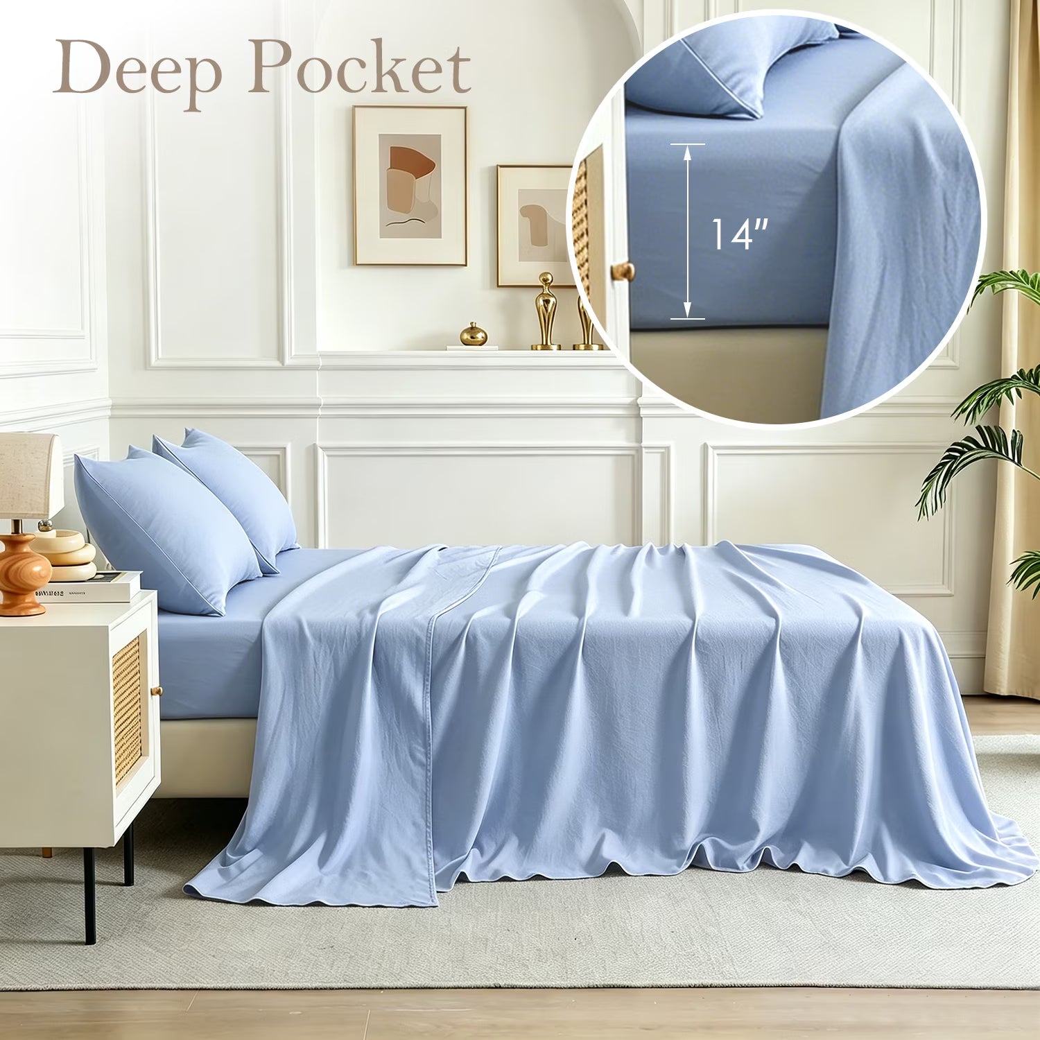Bed Sheets Set 4 Piece Queen/Full Sheet Set Light Blue Microfiber Fitted Sheet, Flat Sheet & 2 Pillowcases Bedding Set