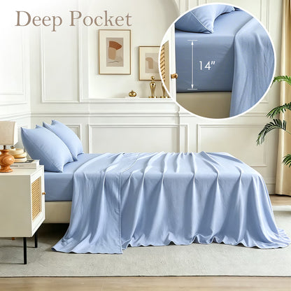 Bed Sheets Set 4 Piece Queen/Full Sheet Set Light Blue Microfiber Fitted Sheet, Flat Sheet & 2 Pillowcases Bedding Set