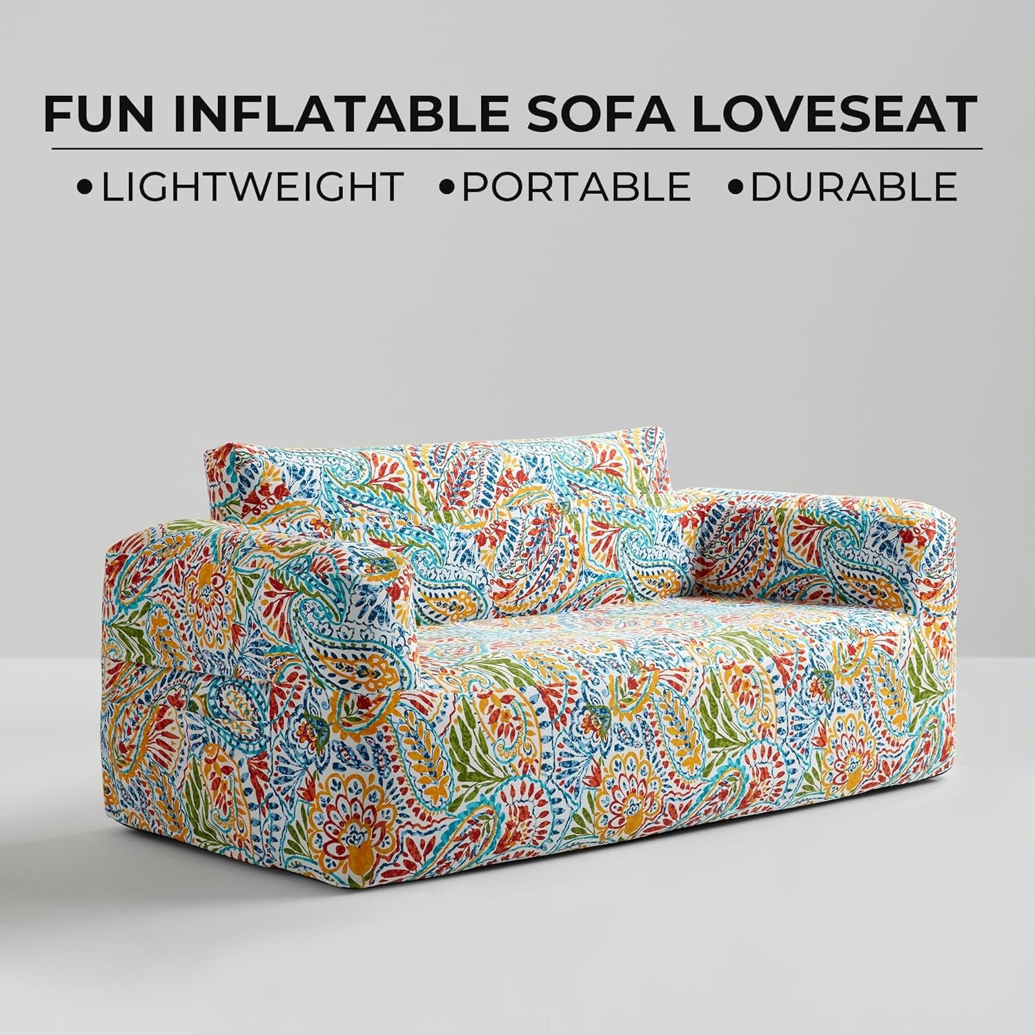 Inflatable Couch Air Sofa - Blow up Chair Portable with Handle & Tie-Down Loops, Weatherproof & Water Repellent Indoor/Outdoor Sofa for Patio, Camping, Pool, 67" Lx33 Wx28 D Multi