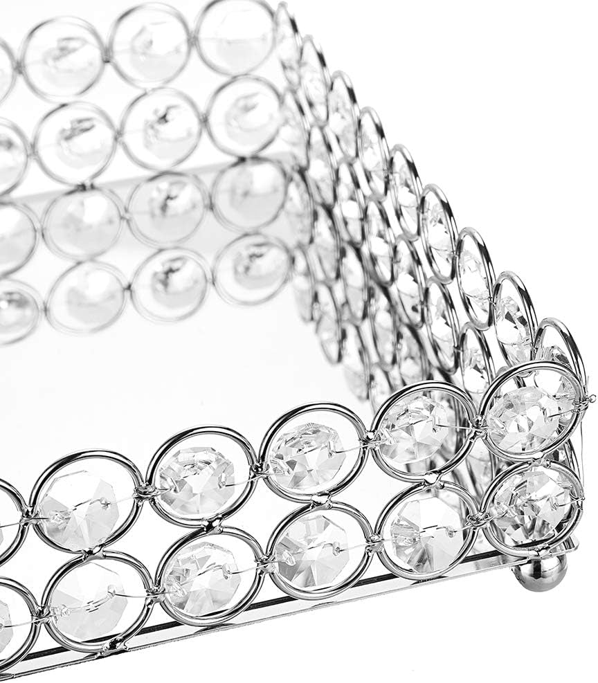 Crystal Cosmetic Vanity Tray, Mirrored Decorative Jewelry Organizer Tray for Perfume, Trinket, Makeup Display Dresser Home Decor (Large, Silver)