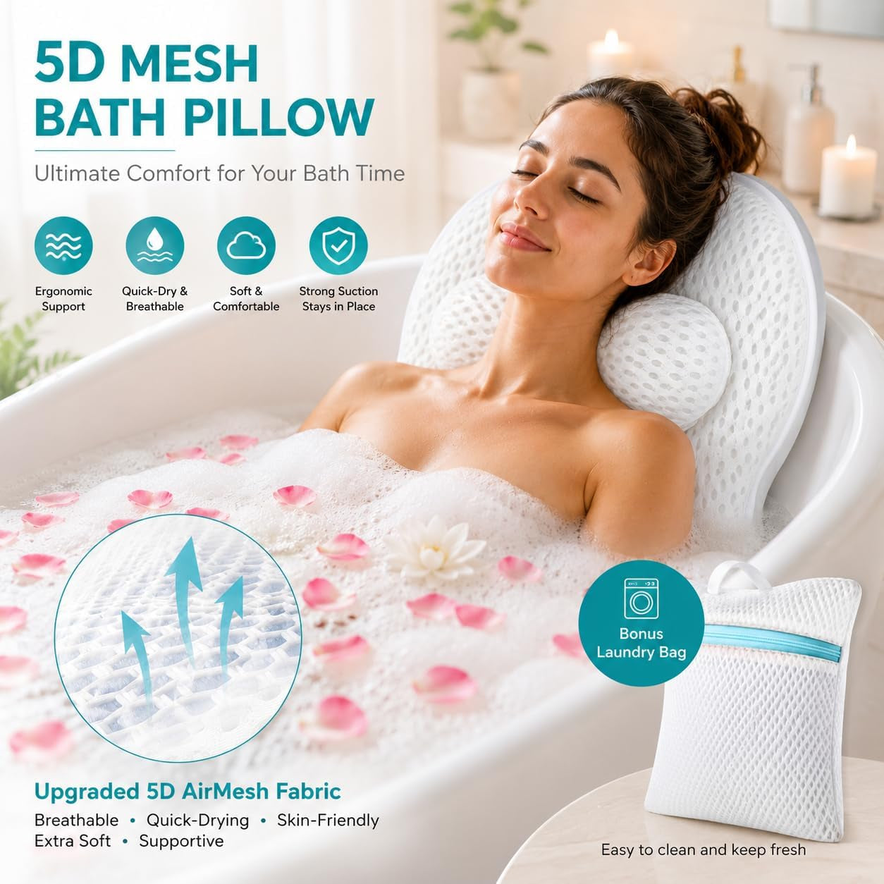 Bath Pillows for Tub,Luxury Bath Pillow for Neck and Back Support-With Comfortable Breathable Cotton 6 Non-Slip Suction (Regular Version)